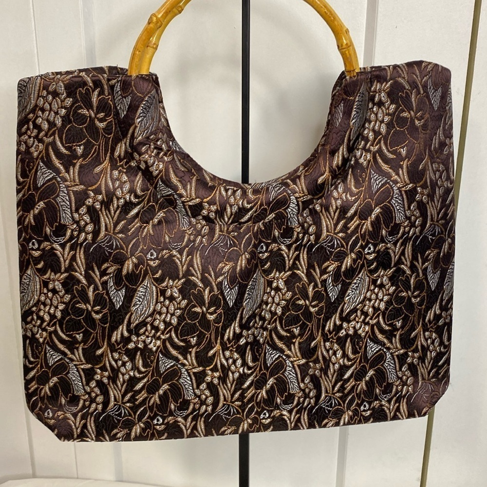 💚 Satin Brown Vintage Style Clutch With Bamboo Handles
